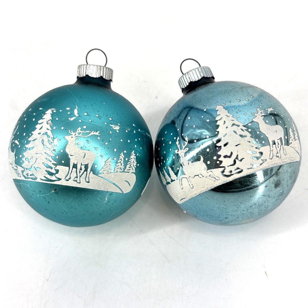 Vintage Blue Shiny Brite Deer Winter Woods Forest Glass Christmas Ornament Lot